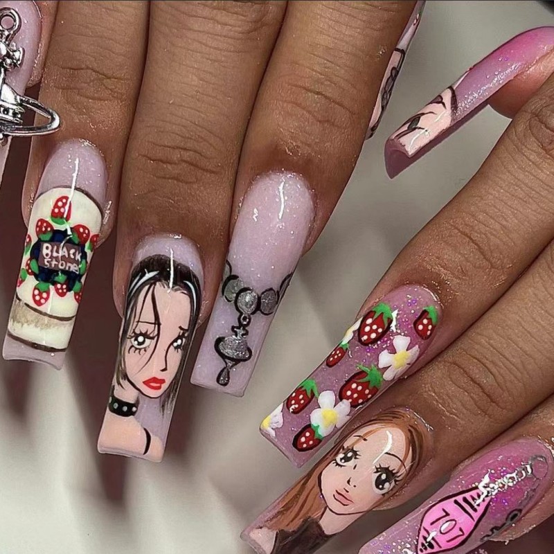 Nail Art Y2K - Uñas postizas de longitud media para